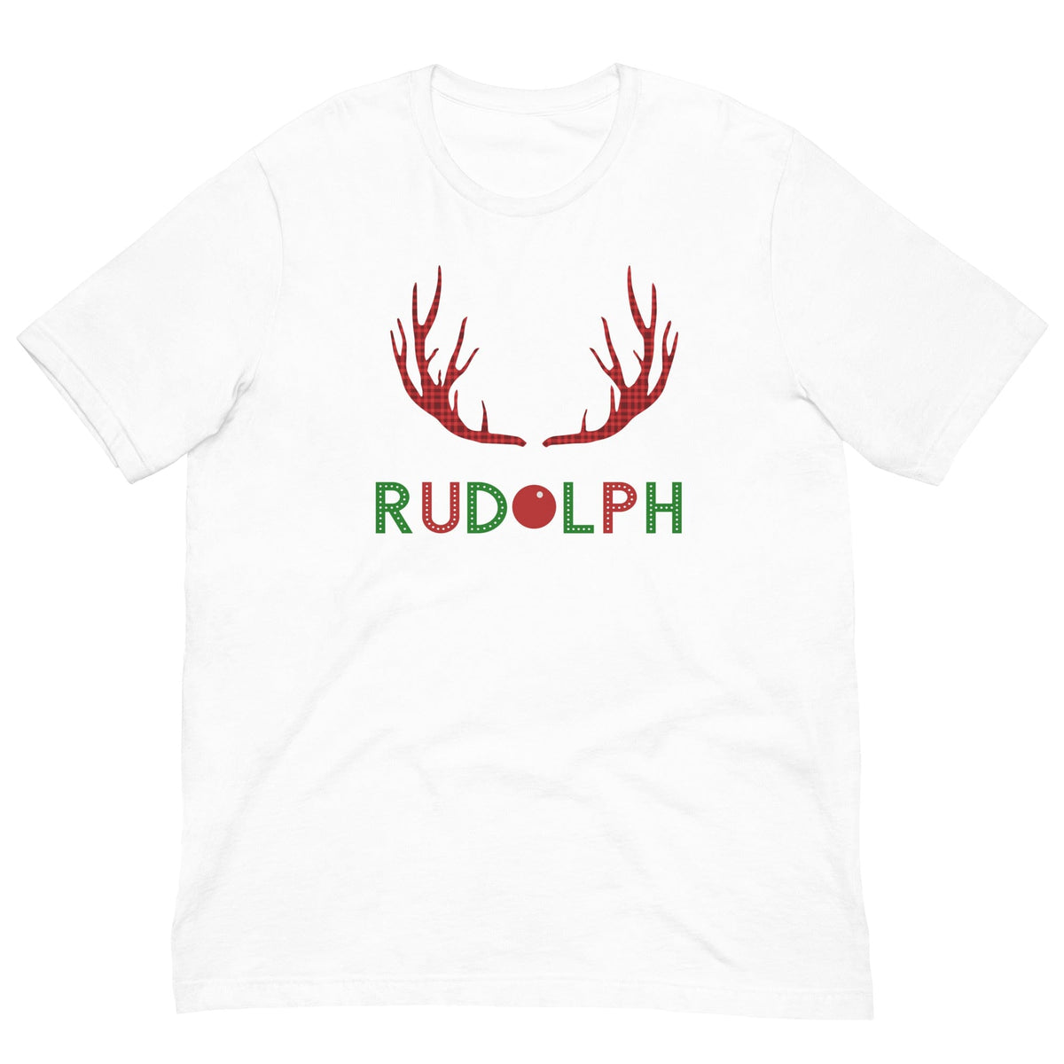 White crew-neck T-shirt with red antlers and green 'RUDOLPH' front print