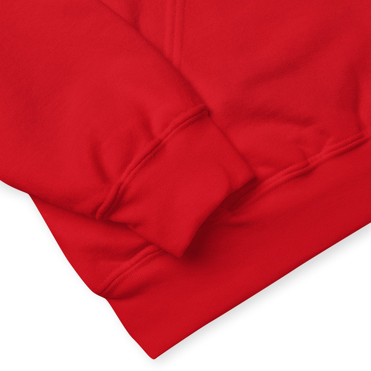 Red hoodie sleeve close-up showing fabric texture, seam, and ribbed cuff edge