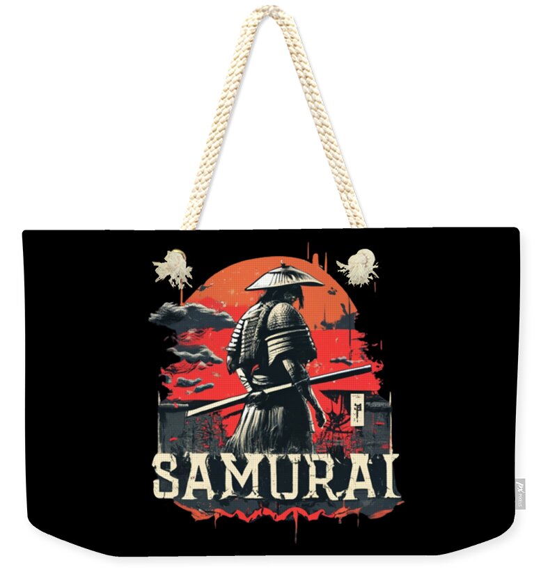 Weekender tote bag with black canvas and red sunset SAMURAI print, braided white rope handles