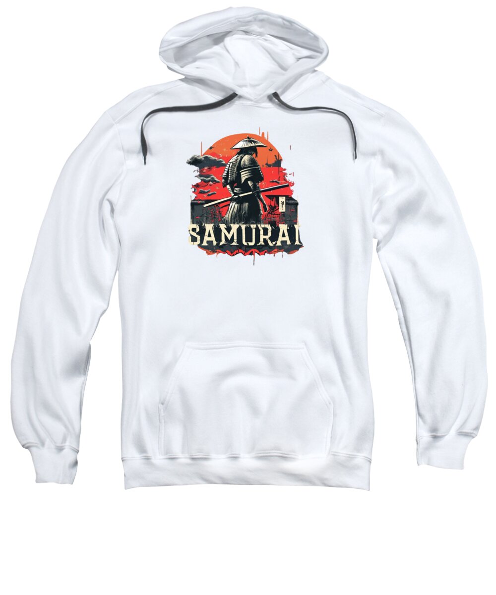 White pullover hoodie sweatshirt with Samurai warrior graphic on chest