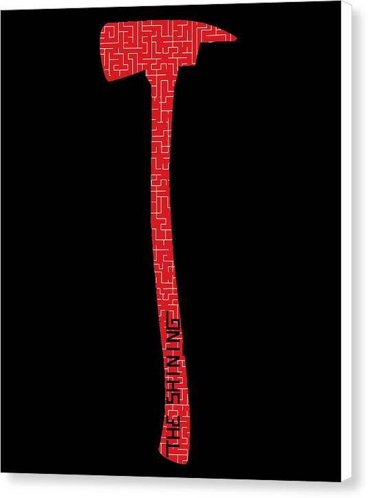 Canvas print showing a red geometric patterned axe silhouette on black