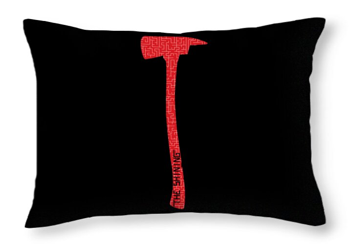 Black throw pillow with red vertical axe graphic and label text