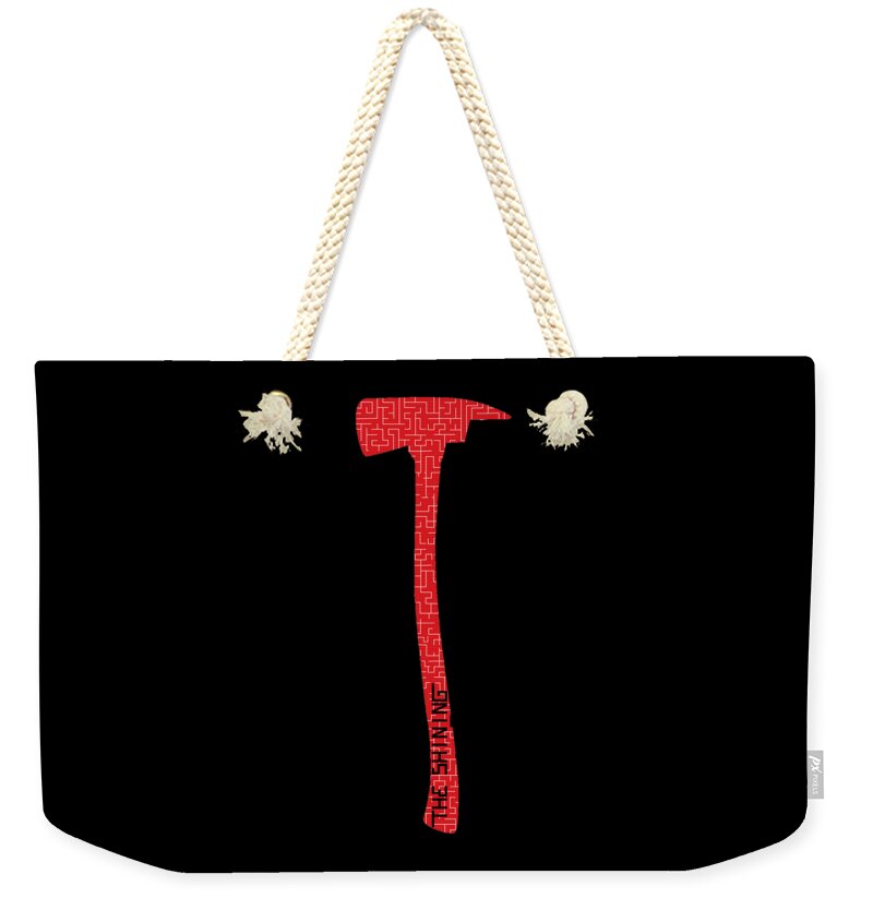 Weekender tote bag with black body, red/gray axe graphic, natural rope handles