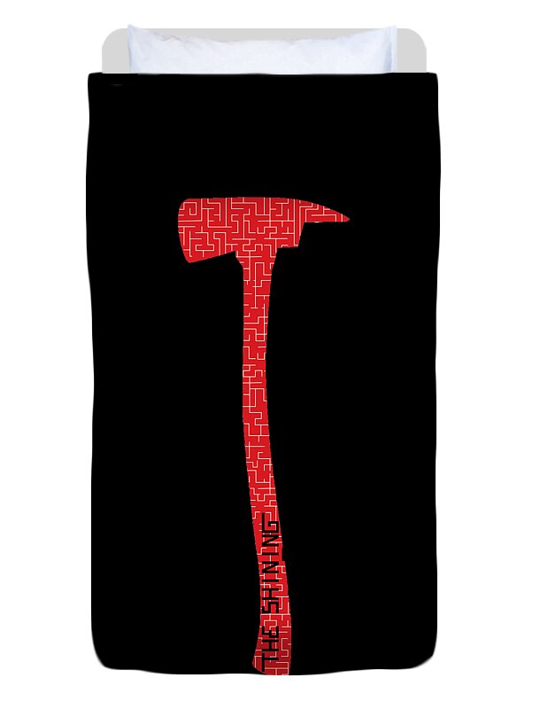 Black duvet cover with red axe emblem graphic, vertical alignment