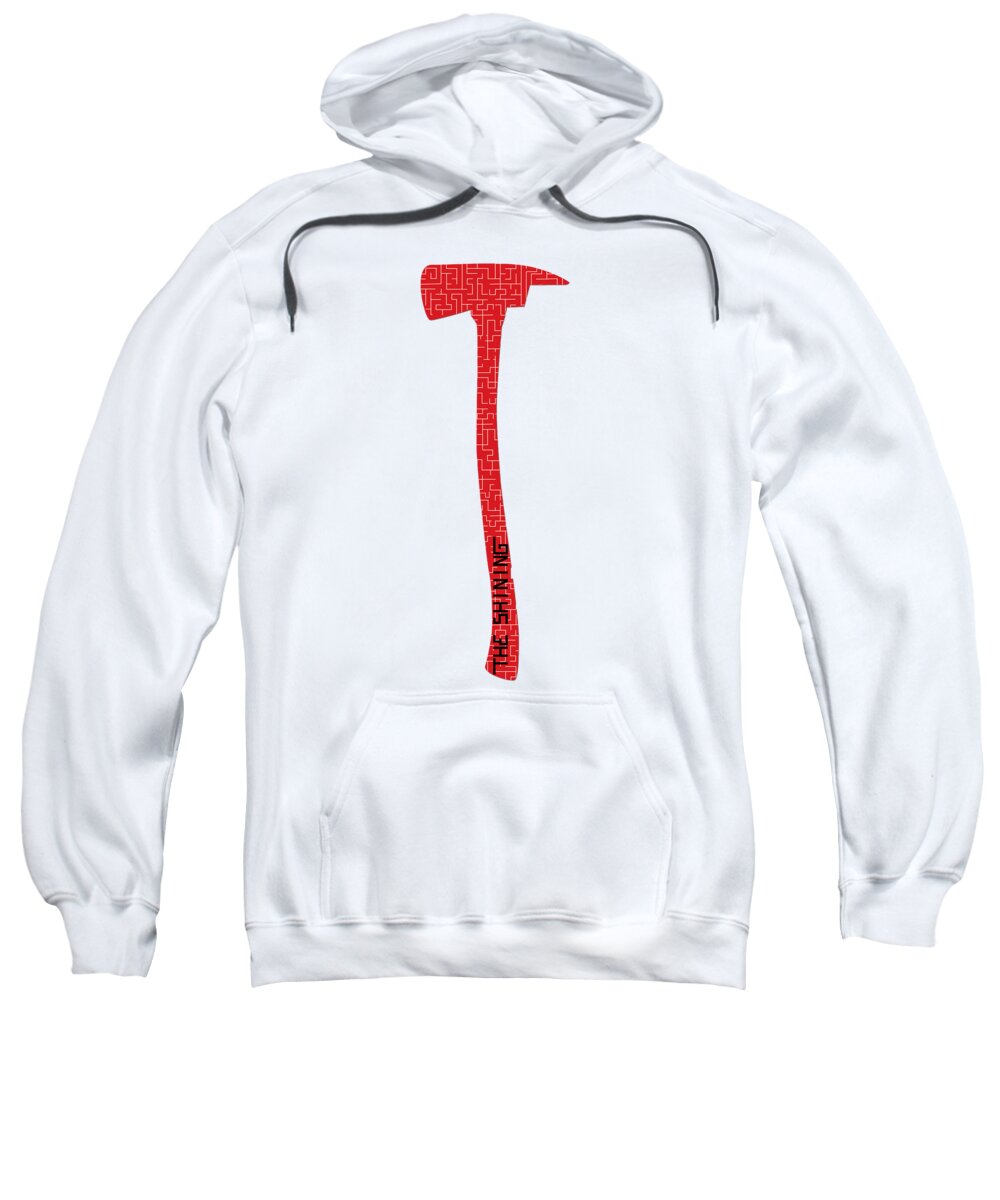 White hoodie sweatshirt with red axe graphic and front kangaroo pocket
