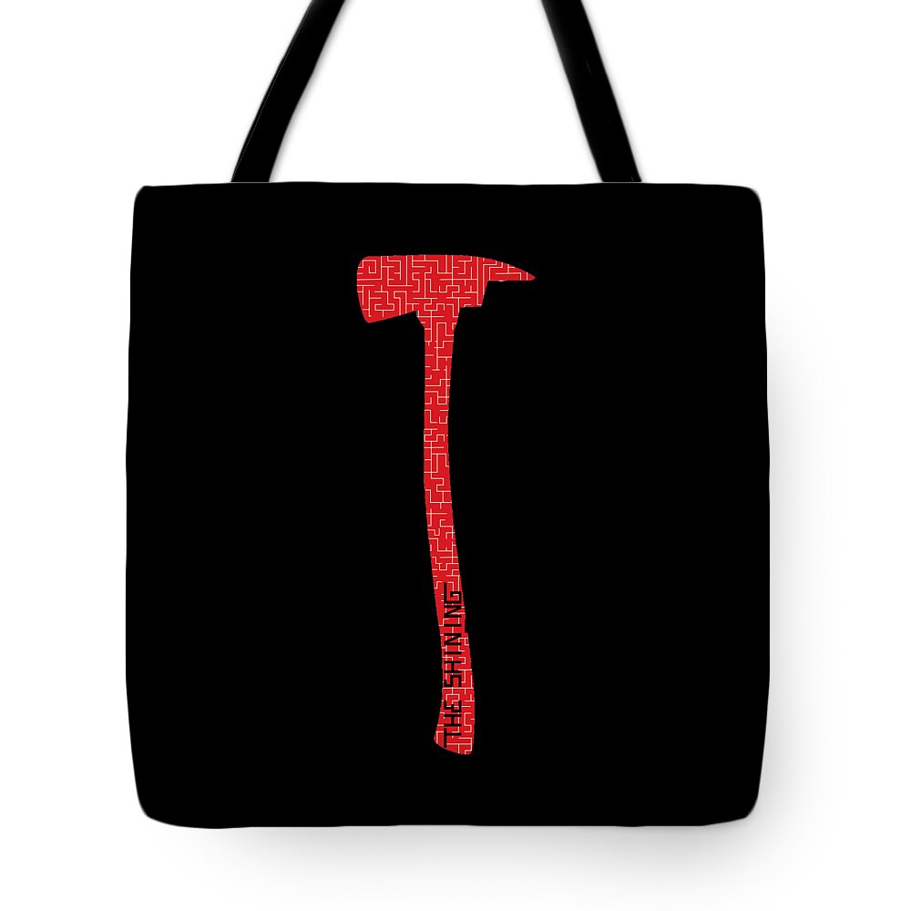 Black tote bag with tall red axe graphic, wide front panel, two top handles