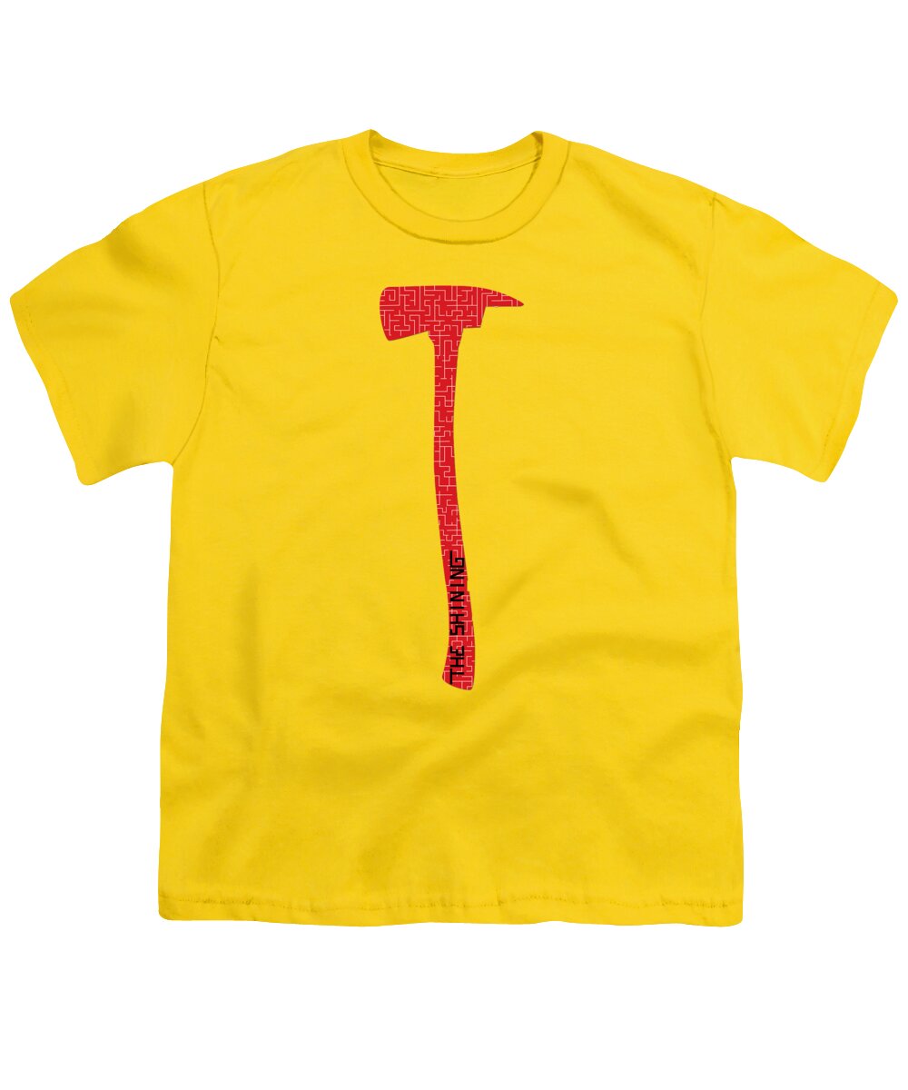 Yellow youth t-shirt with red pixel-style axe graphic on chest