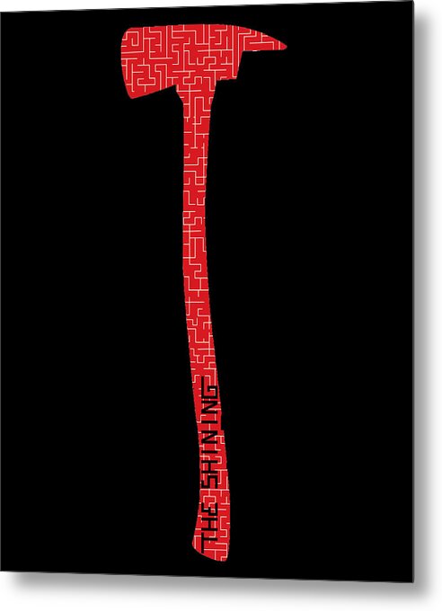 Metal wall art print with red axe design on black background