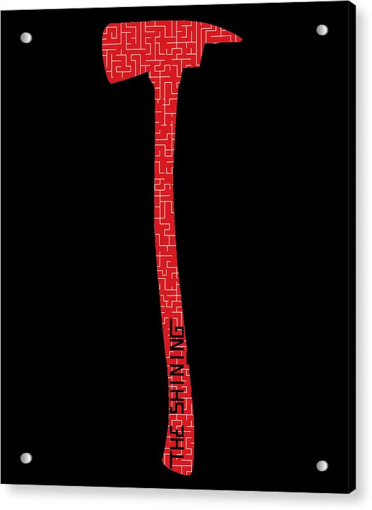 Acrylic print with red maze-pattern axe silhouette on dark background and corner mount holes
