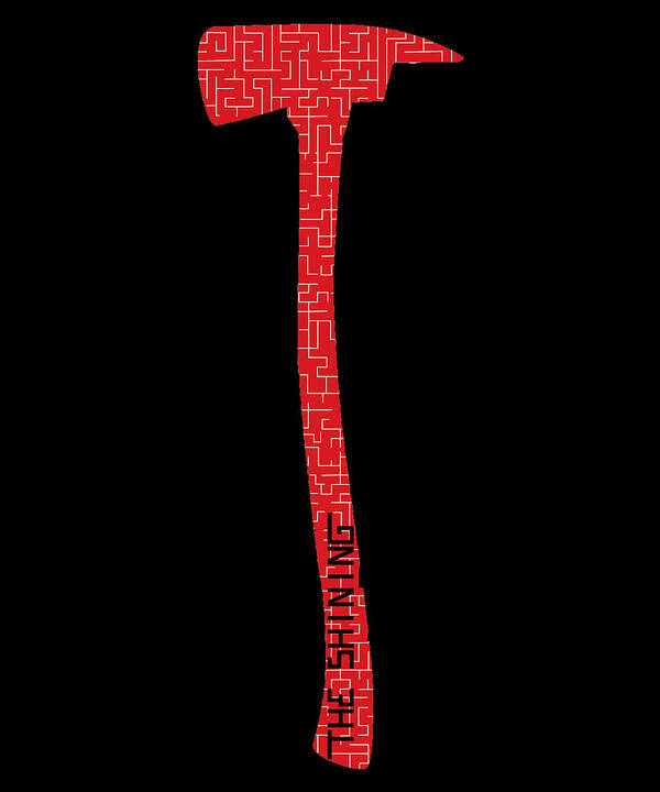 Red geometric axe art print with patterned shaft and head, on dark background