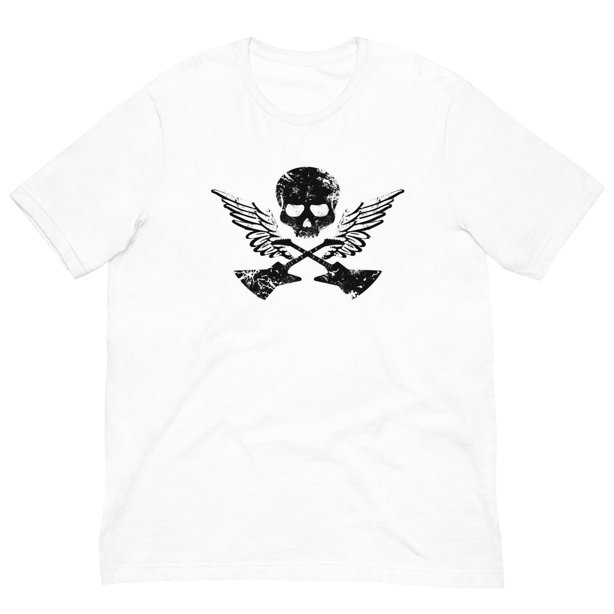 White T-shirt with black skull, wings, and guitar graphic on the back