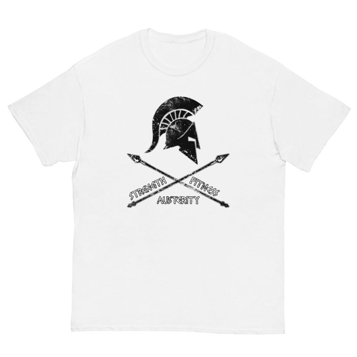 White T-shirt with Spartan helmet strength and fitness graphic on chest