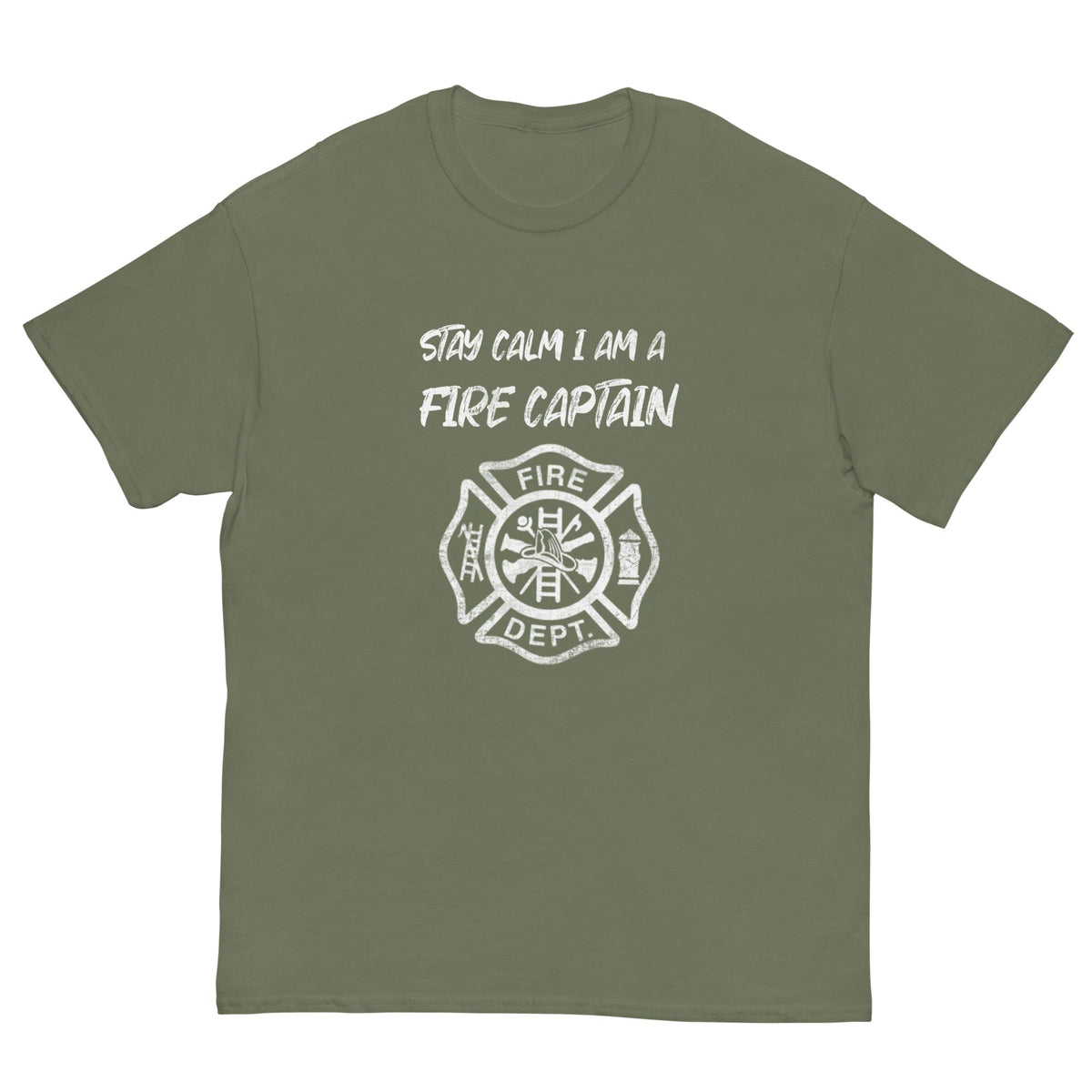 Military green T-shirt with white fire-captain text and fire department badge graphic