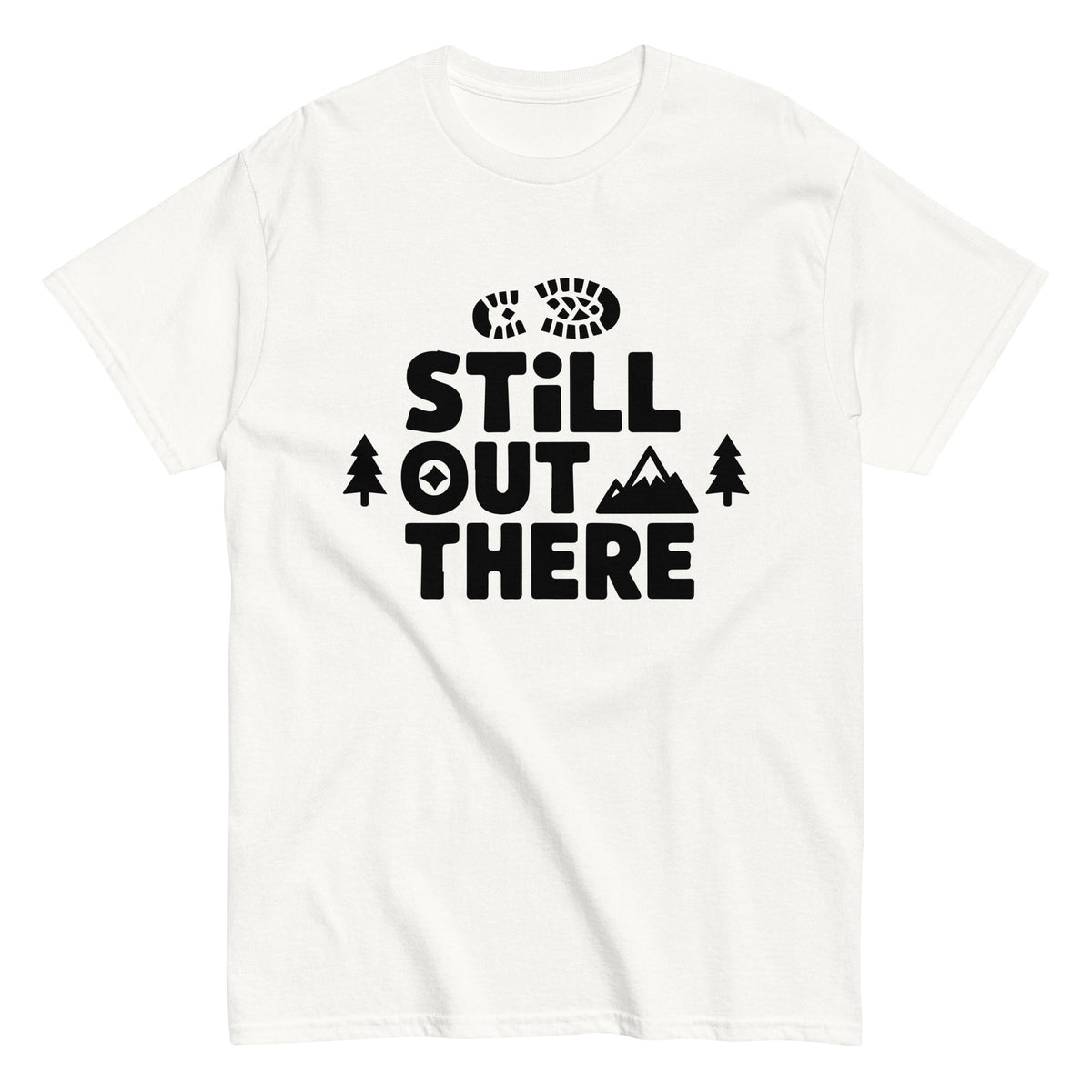 White hiking T-shirt with black 'Still Out There' logo and tree graphic