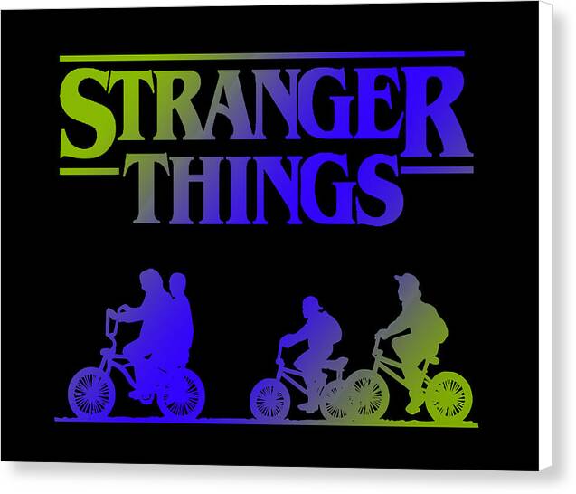 White-edged canvas print showing 'STRANGER THINGS' text and bicycle rider silhouettes
