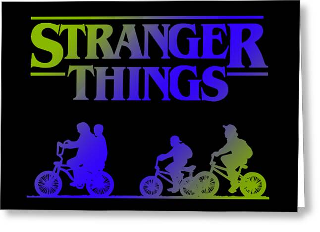 Greeting card featuring Stranger Things logo and colorful silhouettes on bicycles