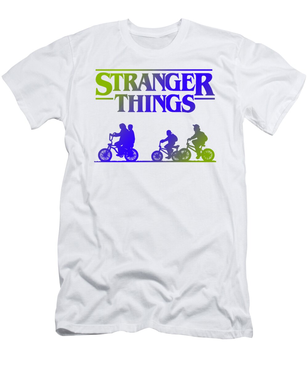 White kids T-shirt with Stranger Things graphic of three bikes and riders