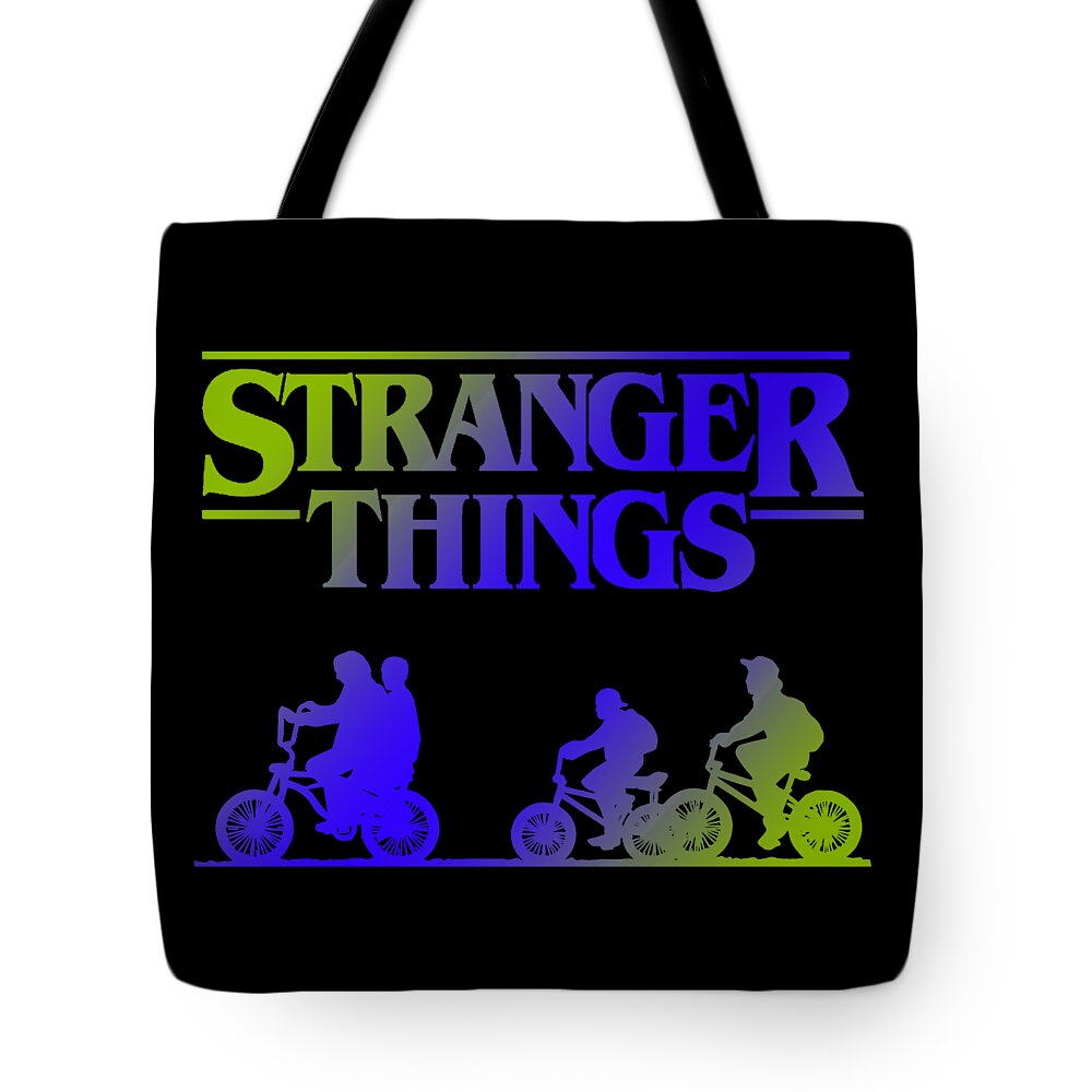 Black kids tote bag with Stranger Things logo and neon cyclists on bikes