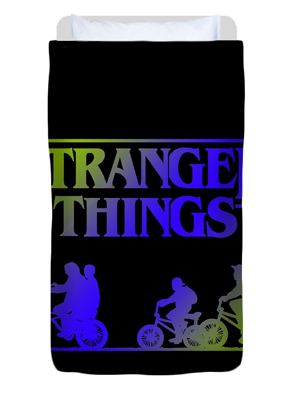 Kids duvet cover, black with Stranger Things text and rider silhouettes on bikes