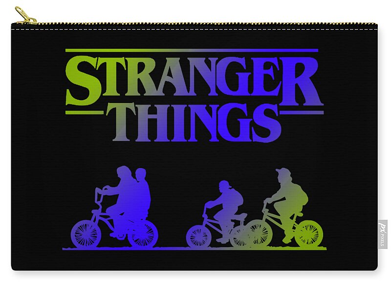 Black zip pouch with gold zipper pull and Stranger Things logo over bike character print