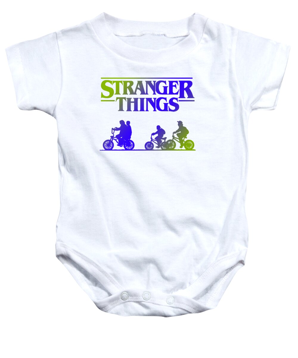 White baby onesie, short sleeves, front 'Stranger Things' graphic