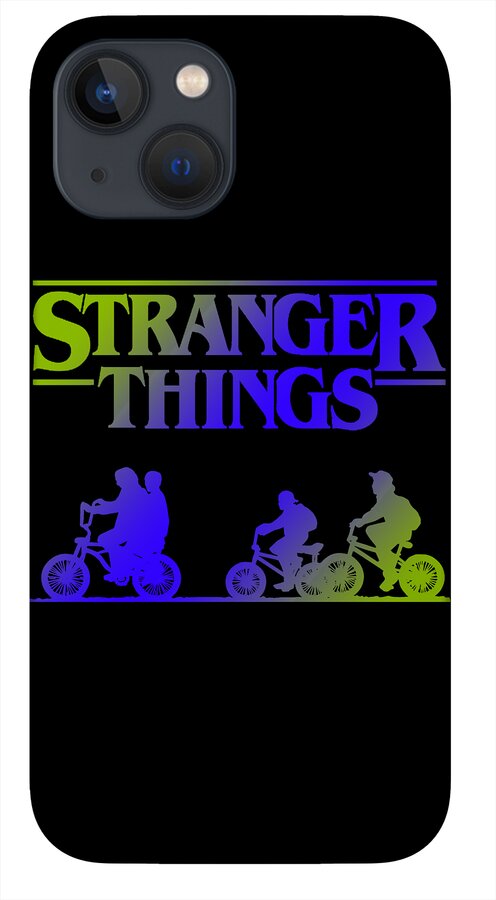 Black phone case with STRANGER THINGS text and riders on bikes; gray camera cutouts