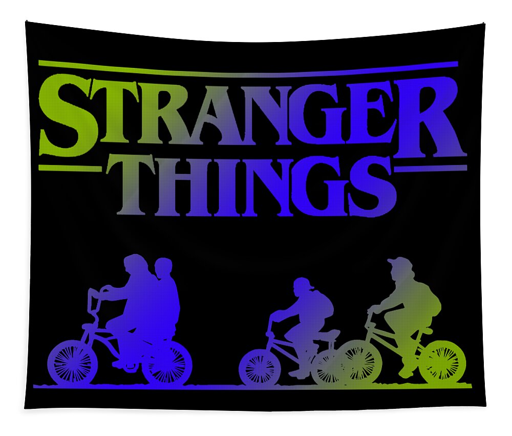 Black rectangular wall tapestry with Stranger Things title and multi-color adventure figures