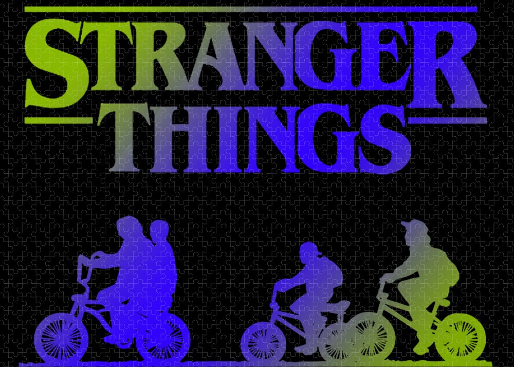 Jigsaw puzzle showing Stranger Things title and kids on bikes in purple and lime green