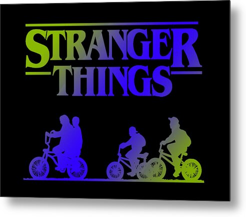 Metal print wall art with Stranger Things text and silhouettes on bikes, multicolor