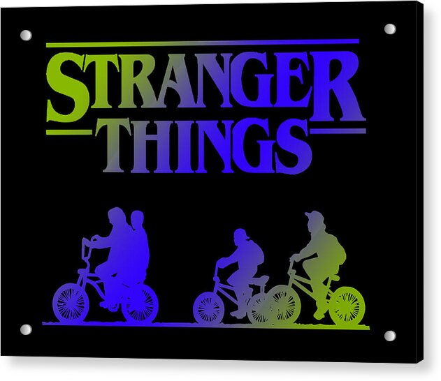 Acrylic wall art print with neon Stranger Things title, bicycle silhouettes, metal mounts