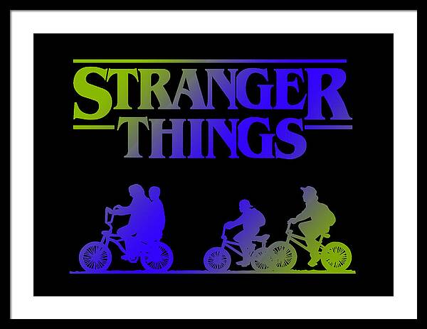 Black-framed Stranger Things print with multicolor logo and bike silhouettes on dark background.