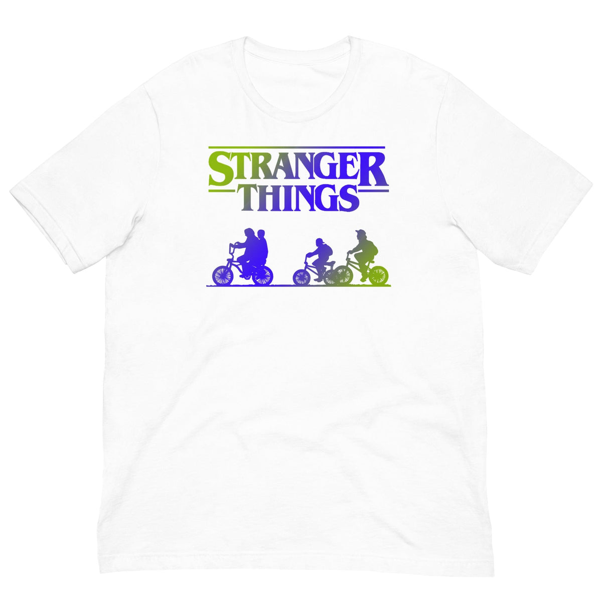 White retro T-shirt with Stranger Things logo and colorful bike graphic