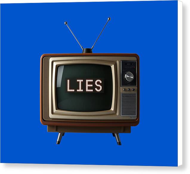 Wrapped canvas print of vintage TV, antennas raised, with 'LIES' on screen