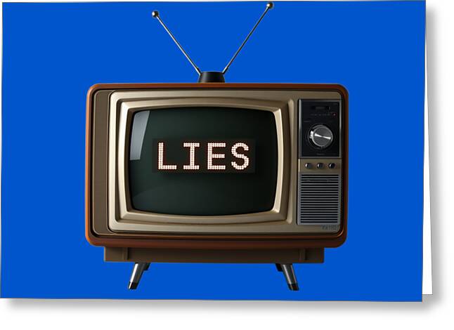 TV-themed greeting card with 'LIES' on screen