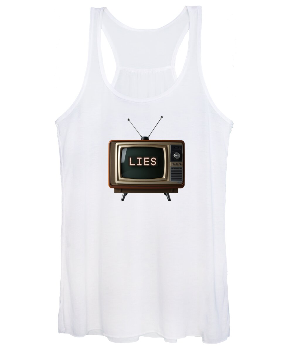 White women's tank top with 'LIES' TV graphic at center
