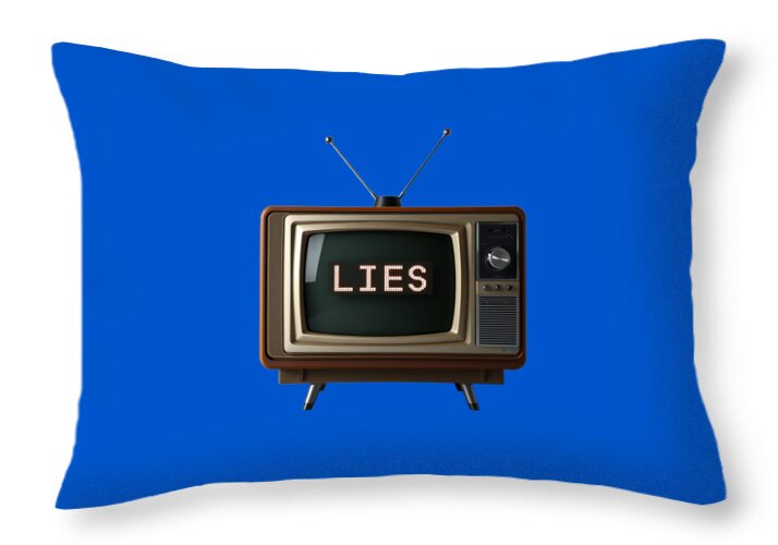 Decorative throw pillow, blue, with vintage TV graphic that says LIES.