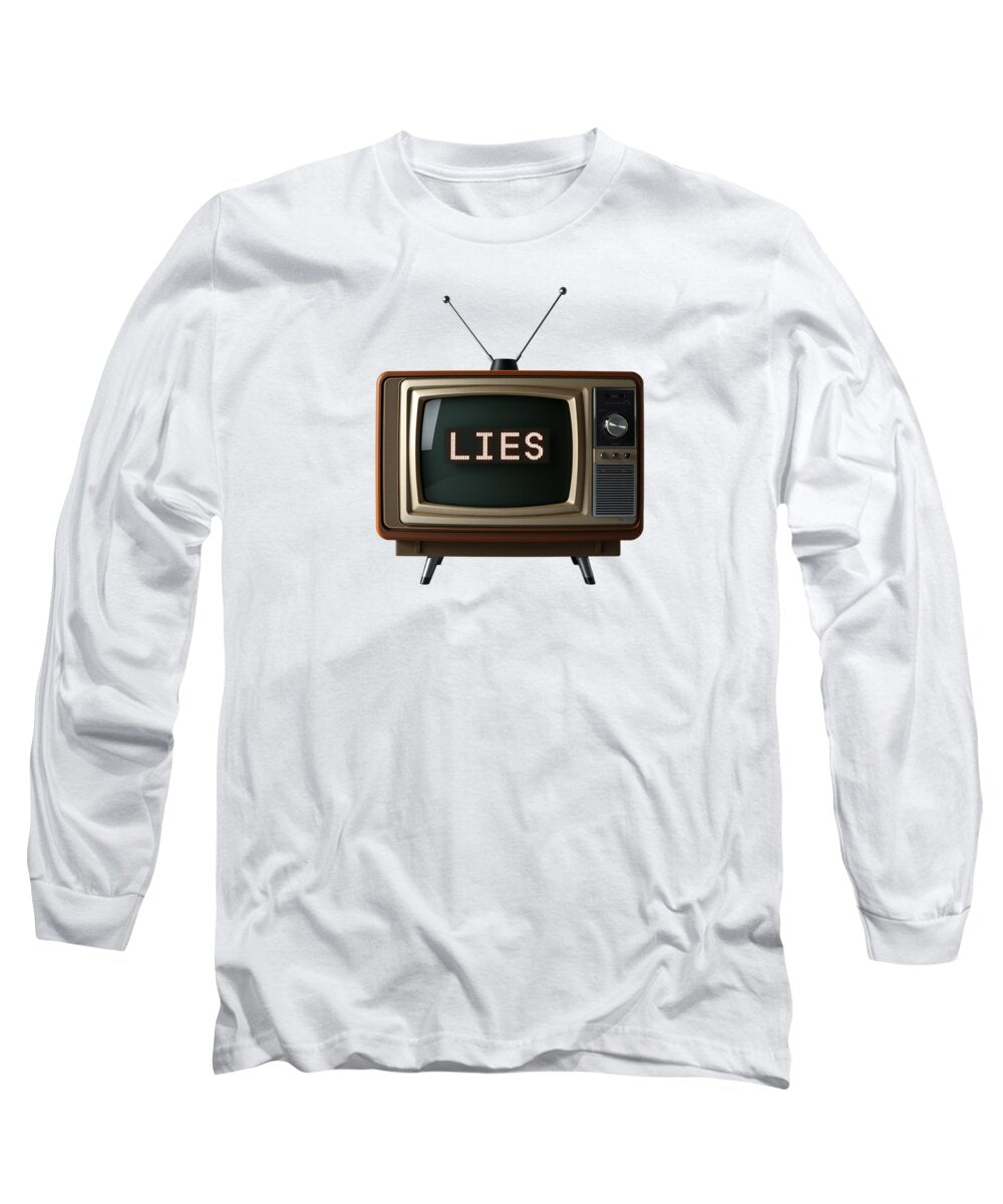 White long sleeve T-shirt with TV graphic and word LIES