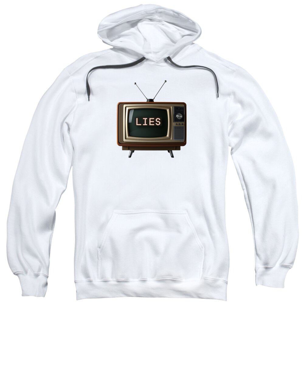 White hoodie sweatshirt with front pocket and TV “LIES” graphic