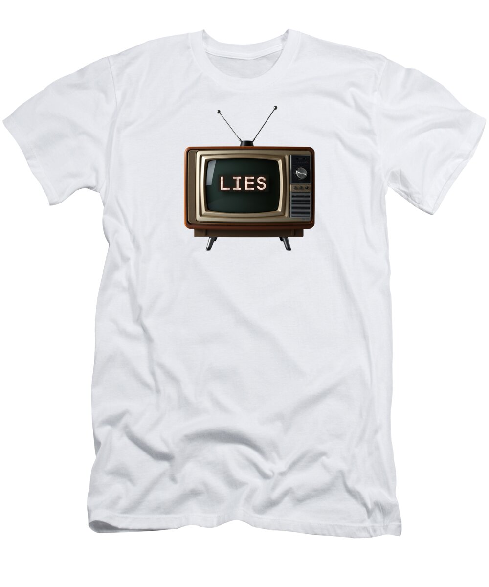 White graphic T-shirt with TV-style 'LIES' print