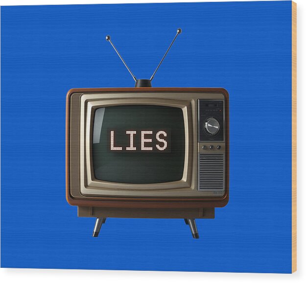 Wood print featuring a vintage TV with the word “LIES” on the screen