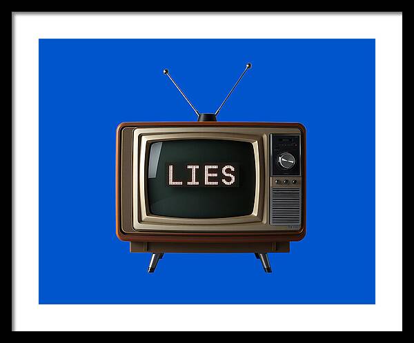 Framed print of vintage TV with 'LIES' text; blue field with black frame