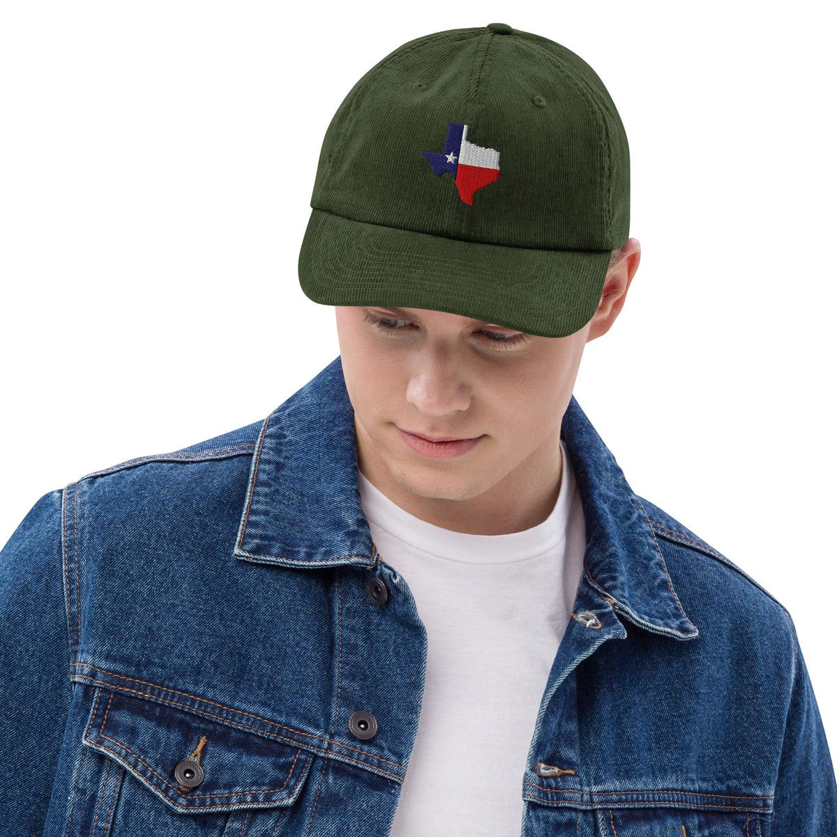 Dark olive corduroy baseball cap with embroidered Texas map patch on the front