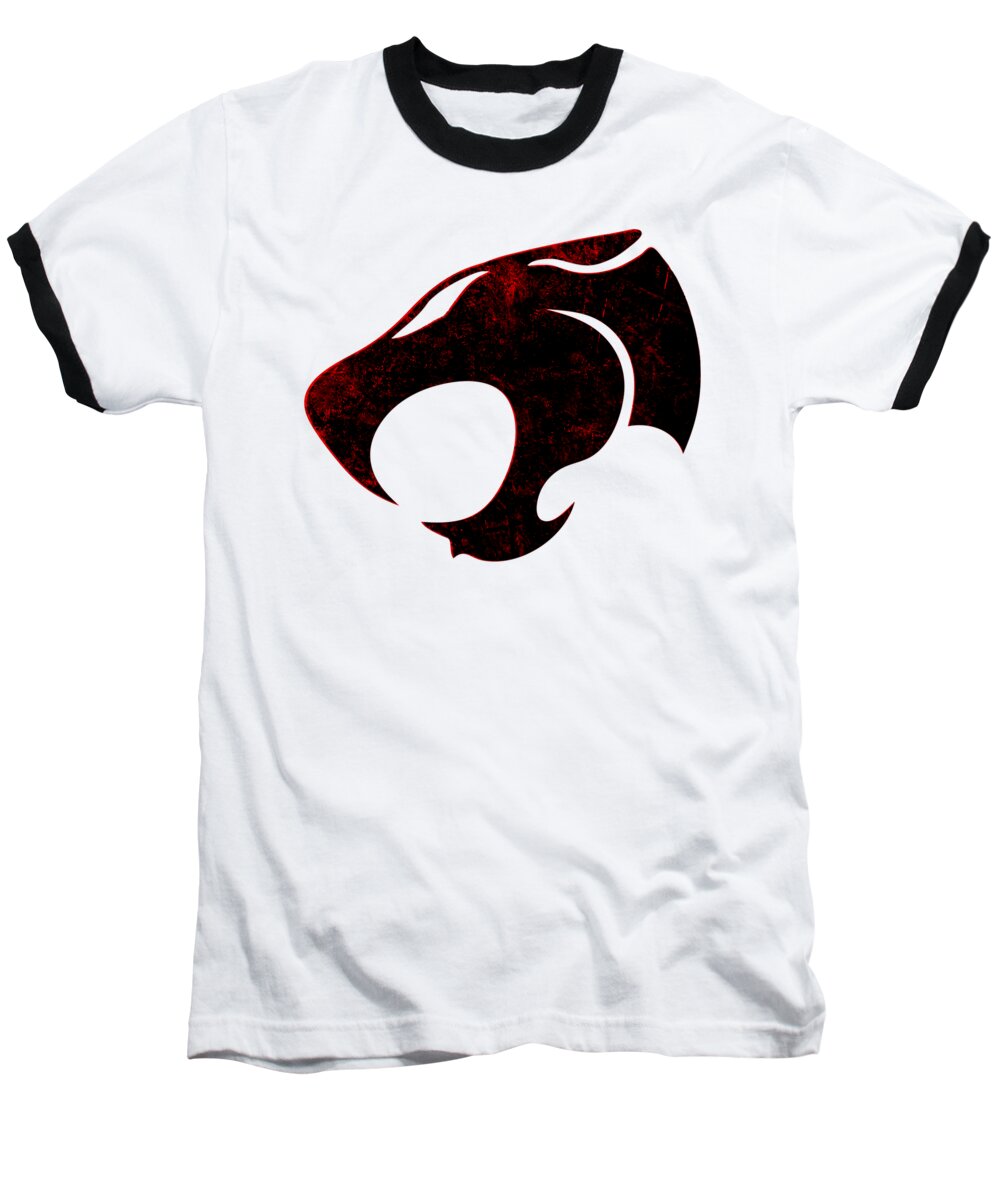 White baseball T-shirt with black raglan sleeves and distressed red graphic print