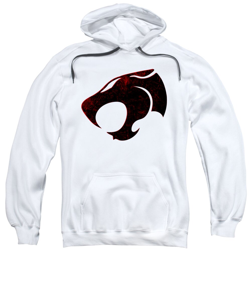 White hooded sweatshirt with distressed red/black cat emblem and front kangaroo pocket