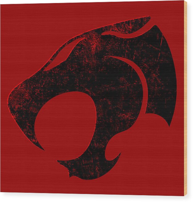Red wood print sign with distressed black feline face emblem