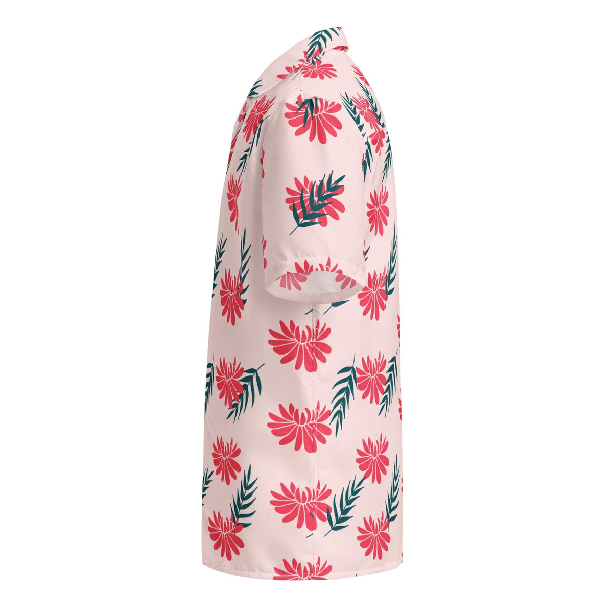 Light pink tropical floral short-sleeve shirt, angled side, red and teal leaf print