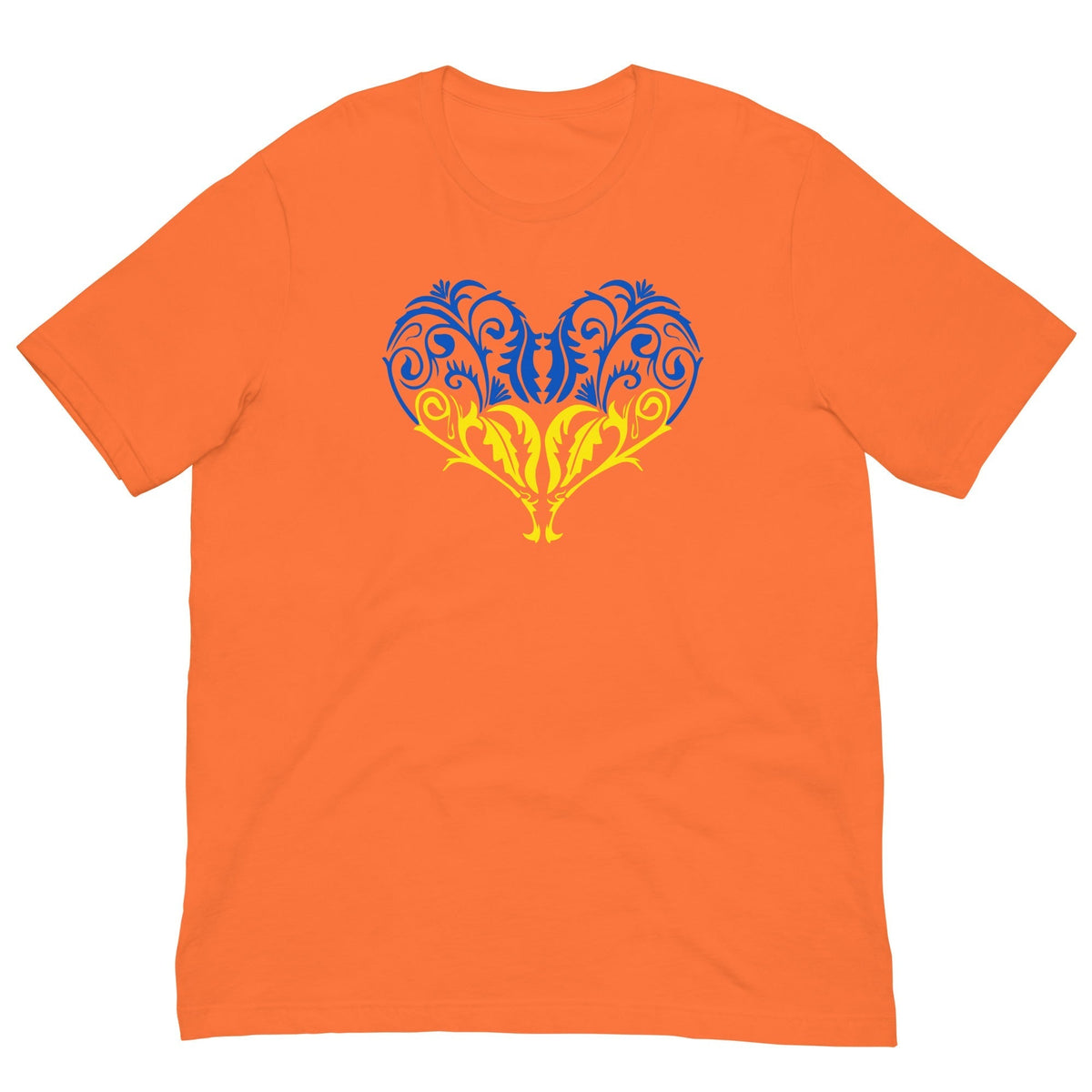 Orange T-shirt with blue and yellow ornate heart graphic on the front