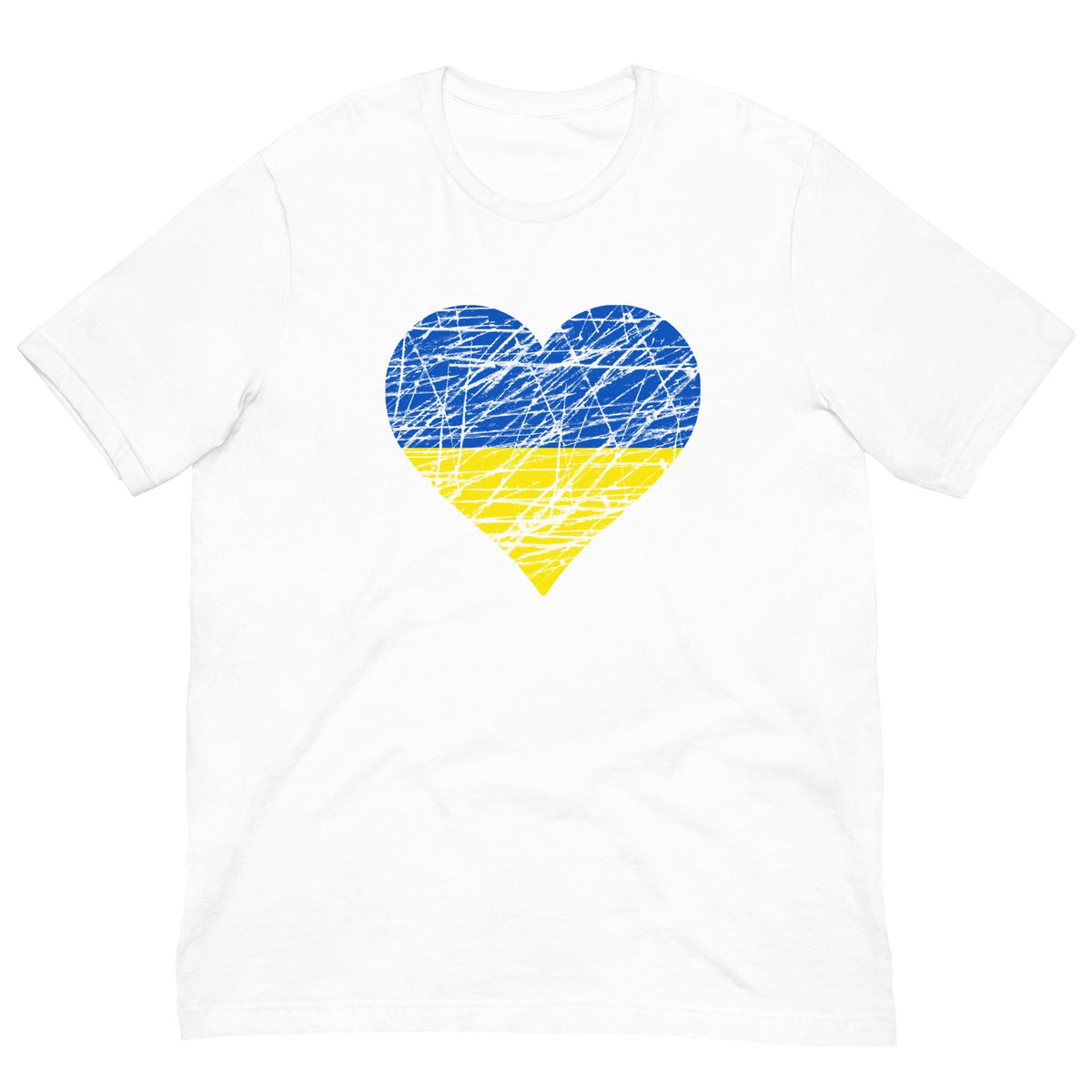 White T-shirt with blue-and-yellow heart flag graphic on chest