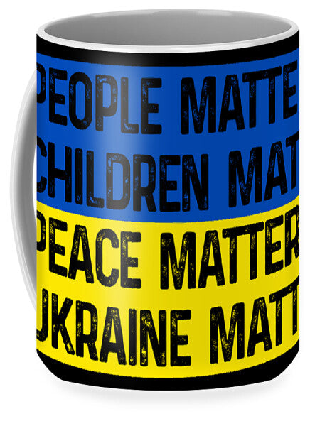 Ukraine Matters mug featuring large blue and yellow slogan text