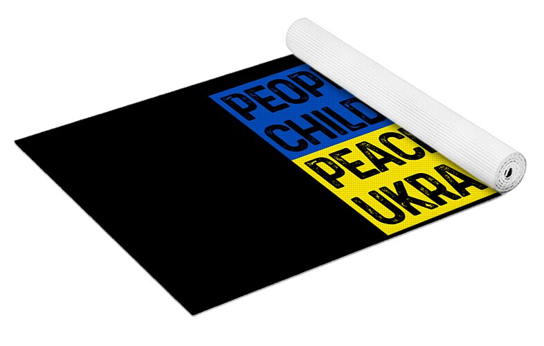 Black yoga mat with rolled side and blue/yellow text: PEOPLE MATTER, CHILDREN MATTER, PEACE, UKRAINE.
